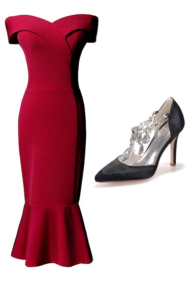 robe de soirée rouge sirène épaule dénudé et sandales noires orné de strass