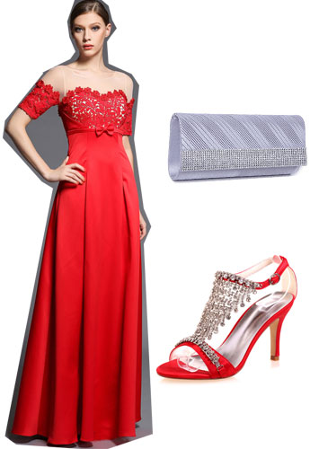 robe de soire rouge longue avec manche, sac et sandale pour mariage